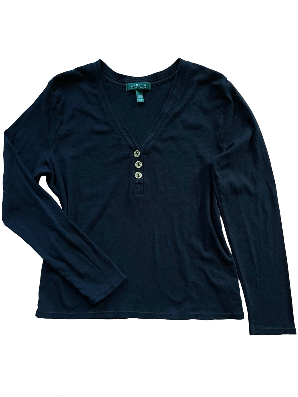 Ralph Lauren Black Henley V-Neck Long Sleeve Top - Gold Buttons